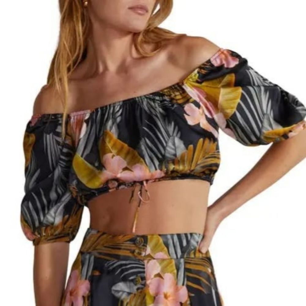 Favorite Daughter Off Shoulder Crop Top Floral Tropical Print Black Pink Medium
